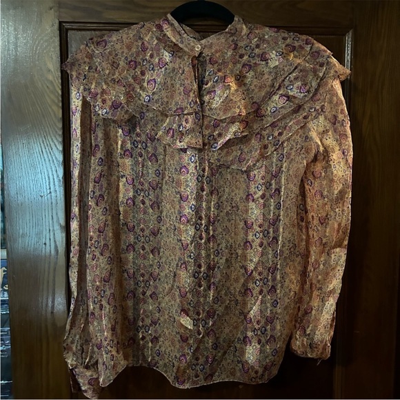 Vintage Adrianna Papell Ruffle Floral Blouse and Skirt Set Silk Size 10 Metallic - Picture 4 of 7